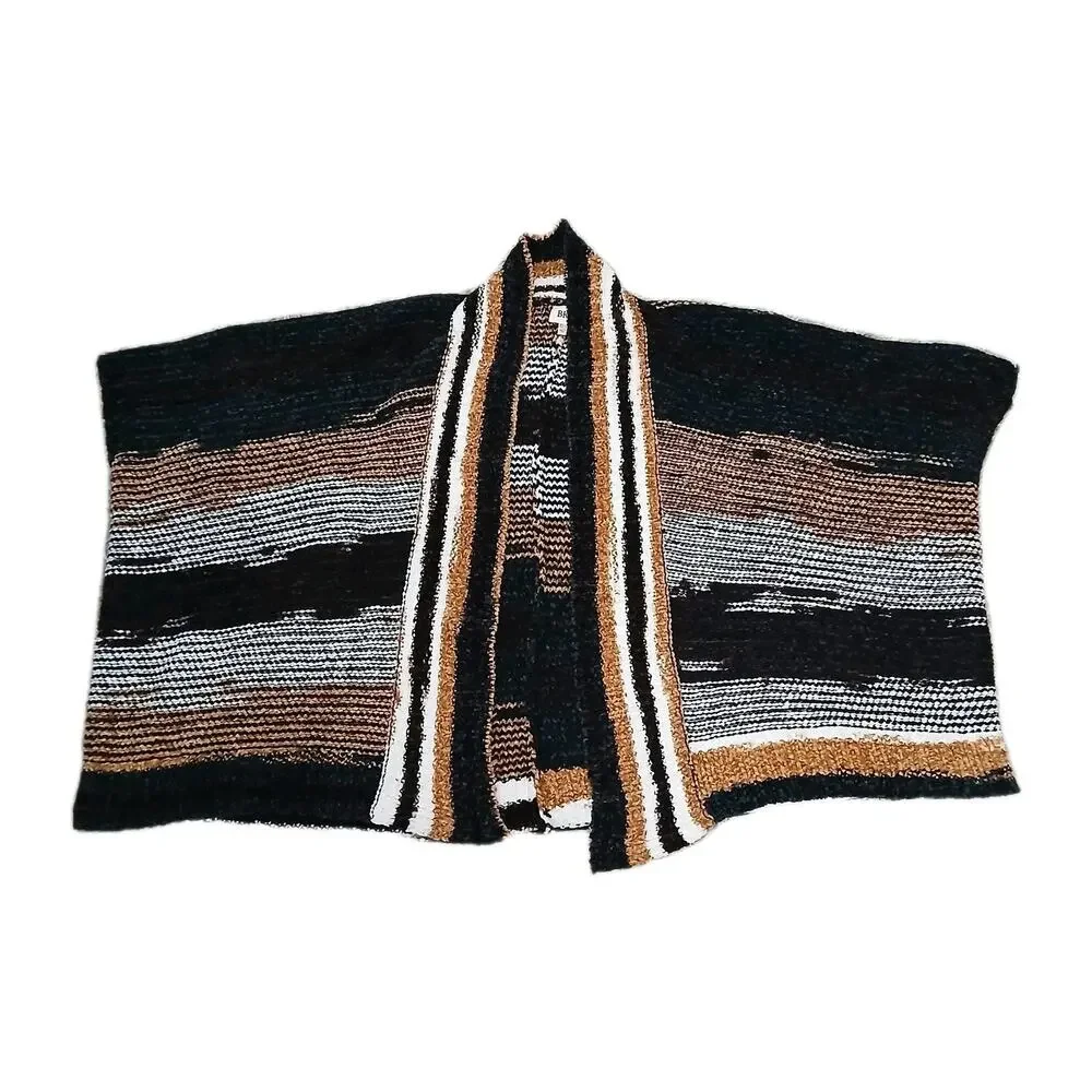 BKE Chenille Open Front Striped Cardigan Sweater XS/S Black Brown Tan‎ Boho Cozy